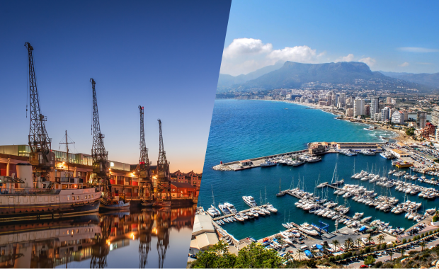 Bristol docks and Benidorm marina – popular stag do destinations in the UK and Europe.