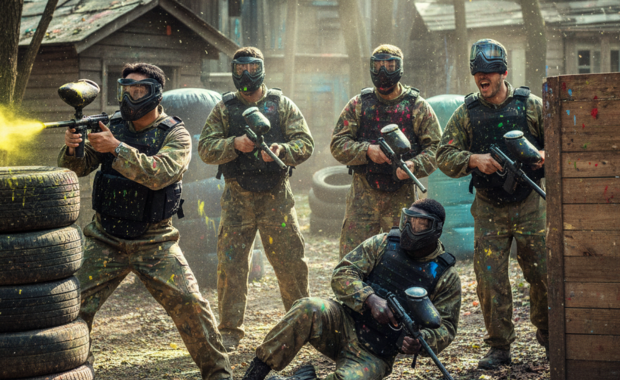 Group of men playing paintball on a stag do – showcasing one of the most popular activities for groups.