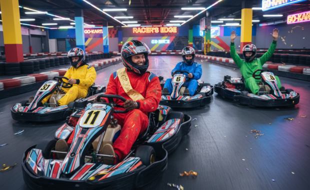 Stag do participants racing go-karts on a track – a fun and competitive activity popular with groups.