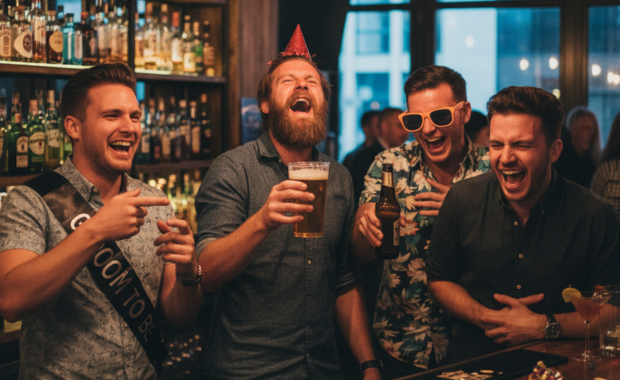 Group of men celebrating at a bar during a stag do, with one man wearing a party hat and the groom-to-be in a sash, enjoying drinks and laughter with friends